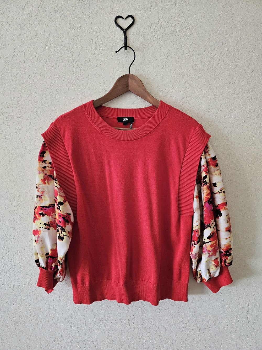 DKNY Red Sweater with Floral Puff Sleeves EUC